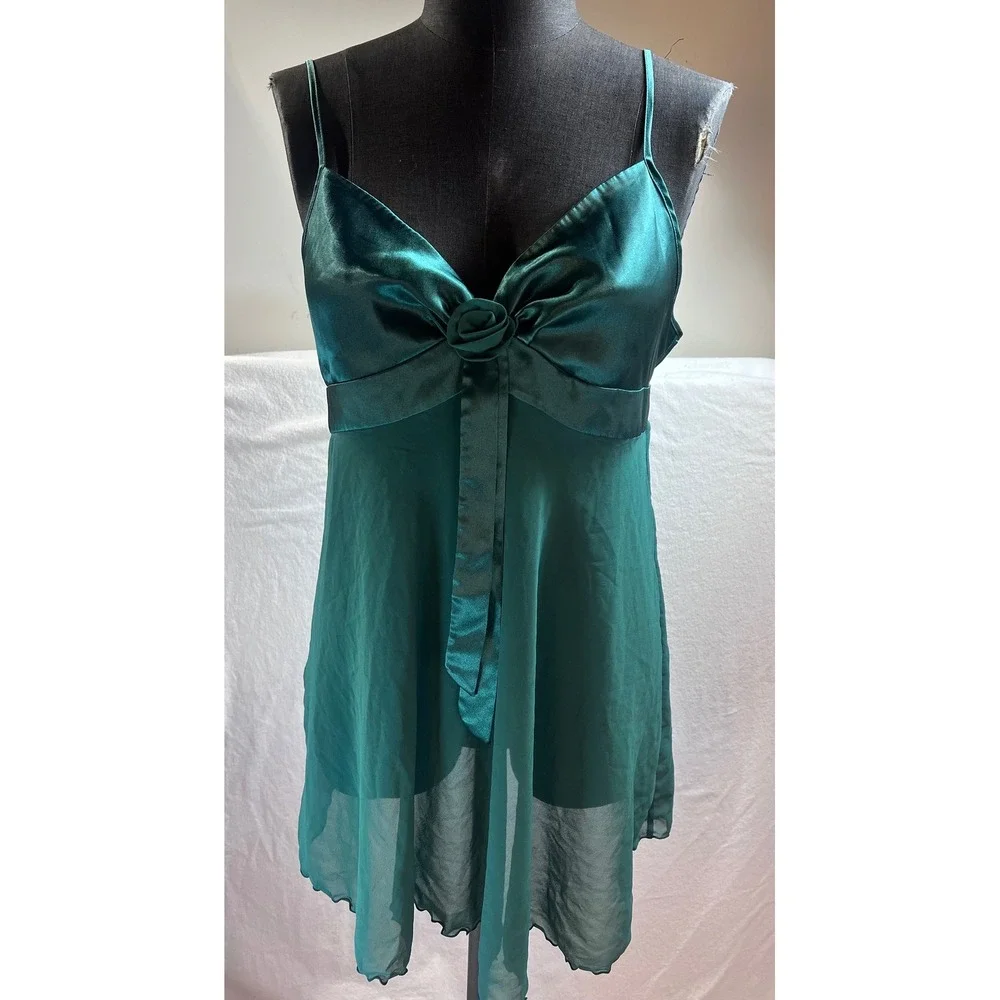 Victoria's Secret Emerald Green Satin Chiffon Rosette Babydoll Chemise Large